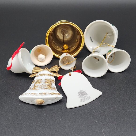 Vintage 9 Ceramic Hanging Bell Ornaments Gold White Deer Santa Precious Moments - Picture 7 of 8